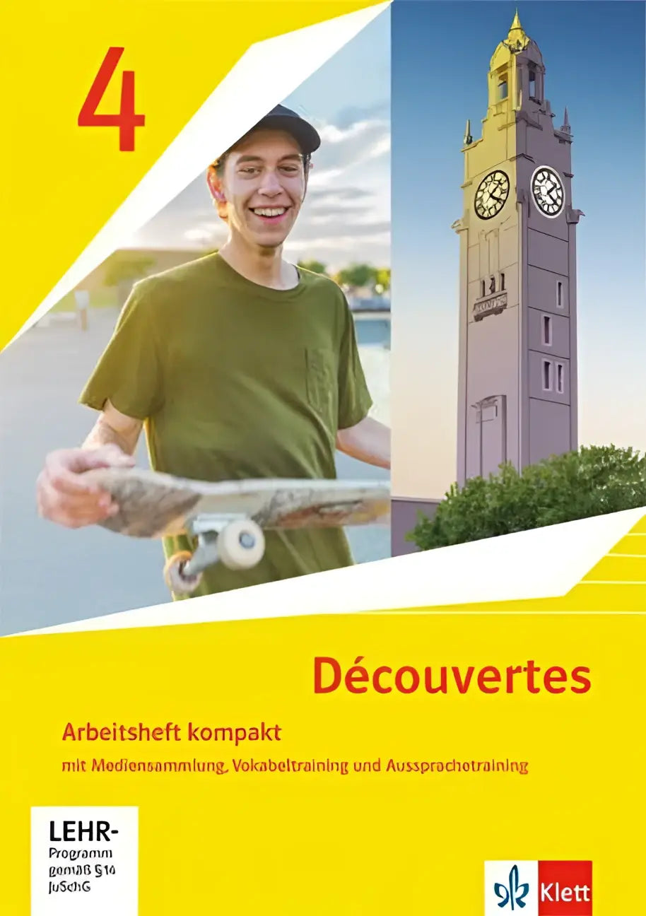 Cover van het arbeitsheft kompakt met mediensammlung van klett met lachende jongen en skateboard bij klokkentoren