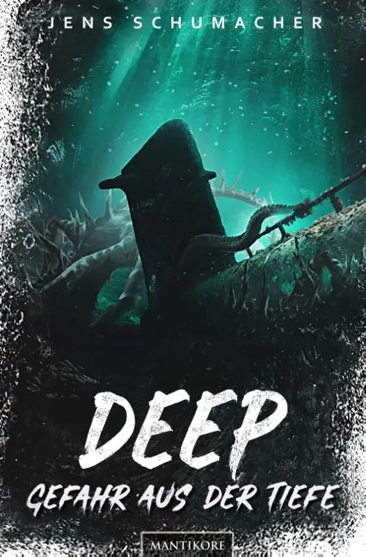 De boekcover van deep gevaar aus der tiefe toont een donkere silhouetfiguur met hoed voor een griezelige teal achtergrond voor jonge lezers