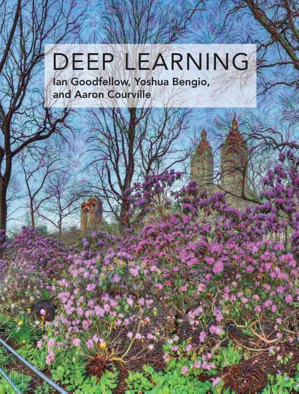 De cover van het diep leren boek door senior research scientist ian goodfellow toont paarse bloeiende struiken