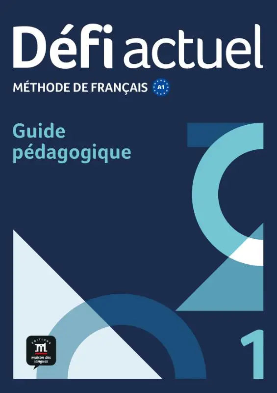 Donkerblauwe educatieve gids défis actuel 1 met lichtteal en witte geometrische elementen voor pedagogisch gebruik