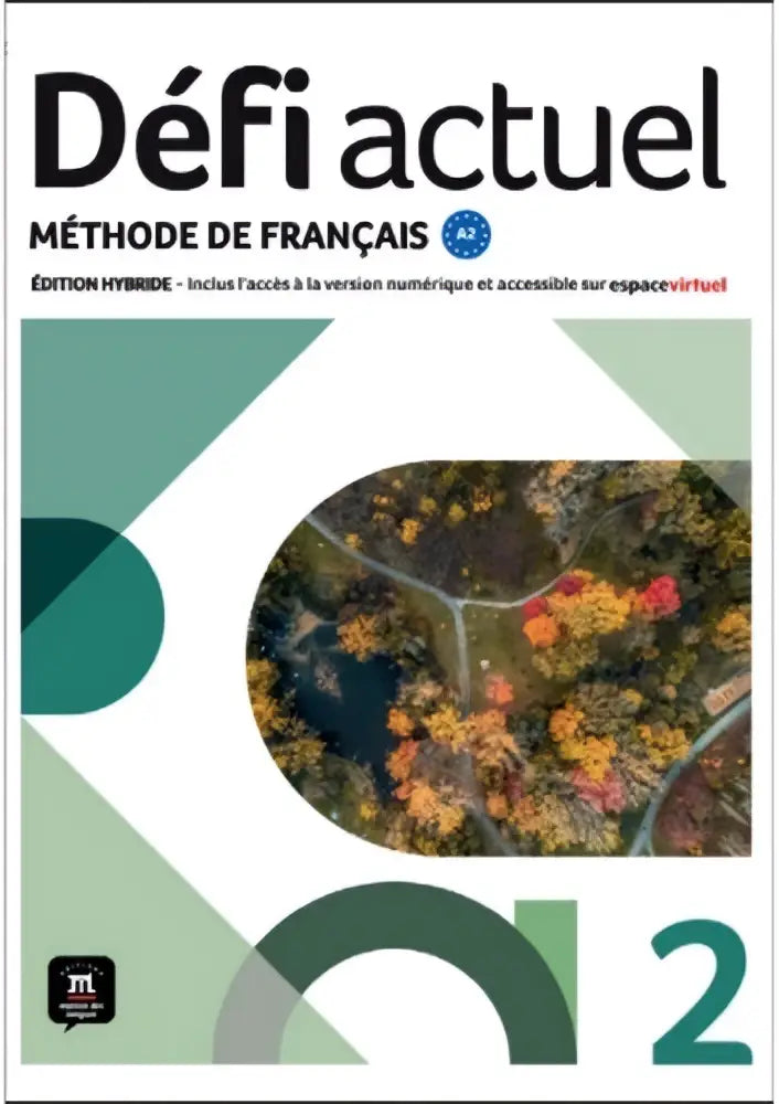 De cover van het hybride livre défi actuel 2 met een cirkelvormige luchtfoto van herfstbomen in warme kleuren
