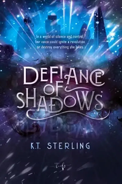 Boekcover van defiance of shadows door k.t. een young adult roman over verborgen magie en verboden krachten