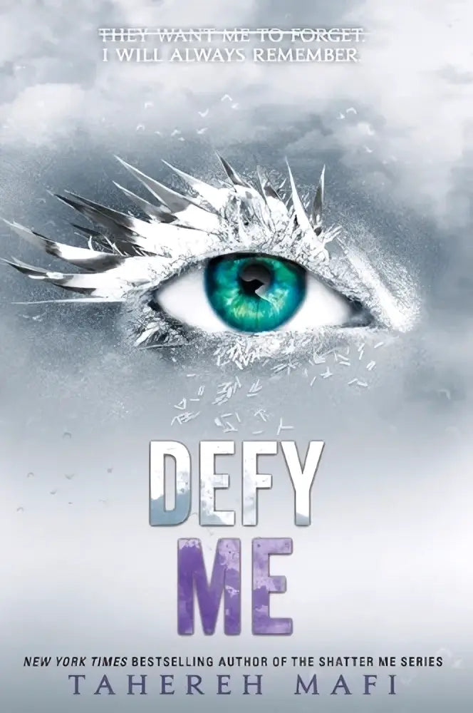 Een opvallende omslag van het boek defy me door tahereh mafi met een levendige turquoise oog en bevroren witte wimpers