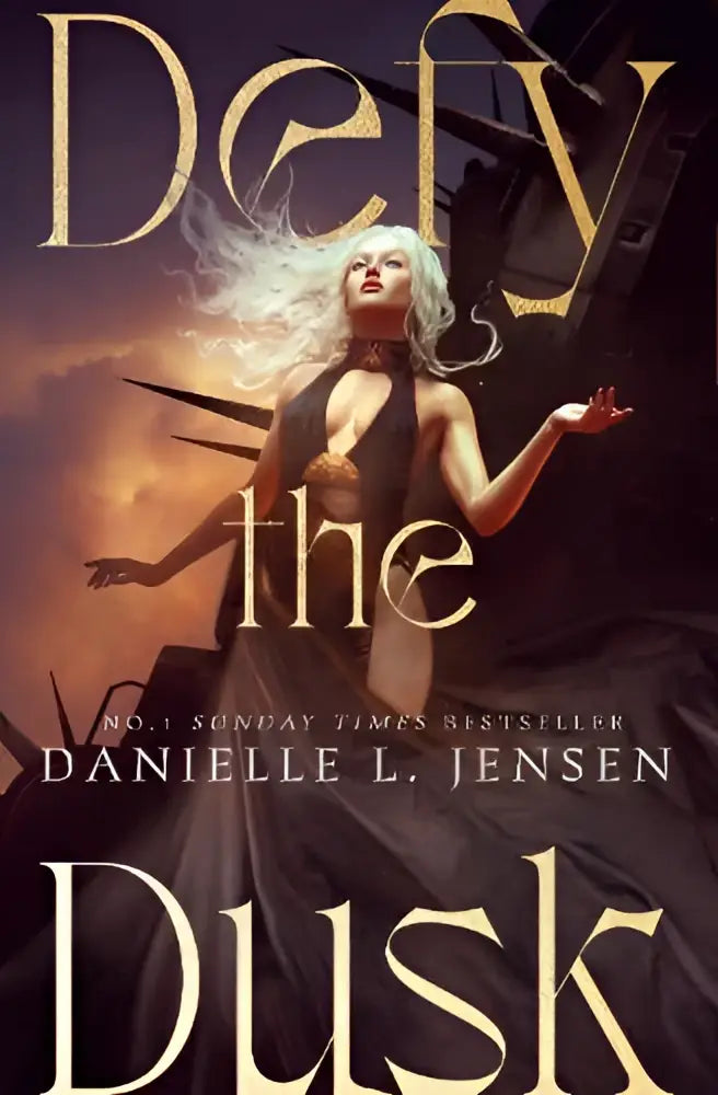 De cover van defy the dusk toont een vrouw met wit haar en donkere kleding tegen een stormachtige lucht