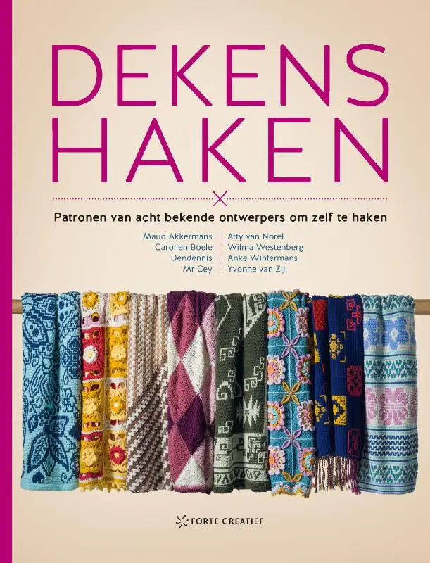 De cover van het boek dekens haken van anke wintermans en carolien boele toont kleurrijke gehaakte sjaals in diverse patronen