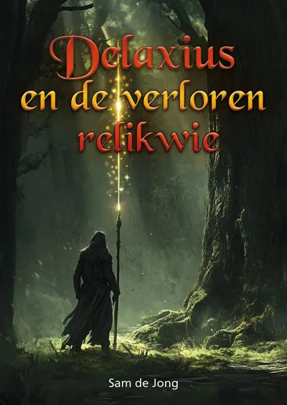 Dekkingsafbeelding van de fantasyroman delaxius en de verloren relikwie met een gehulde figuur en gloeiend staf