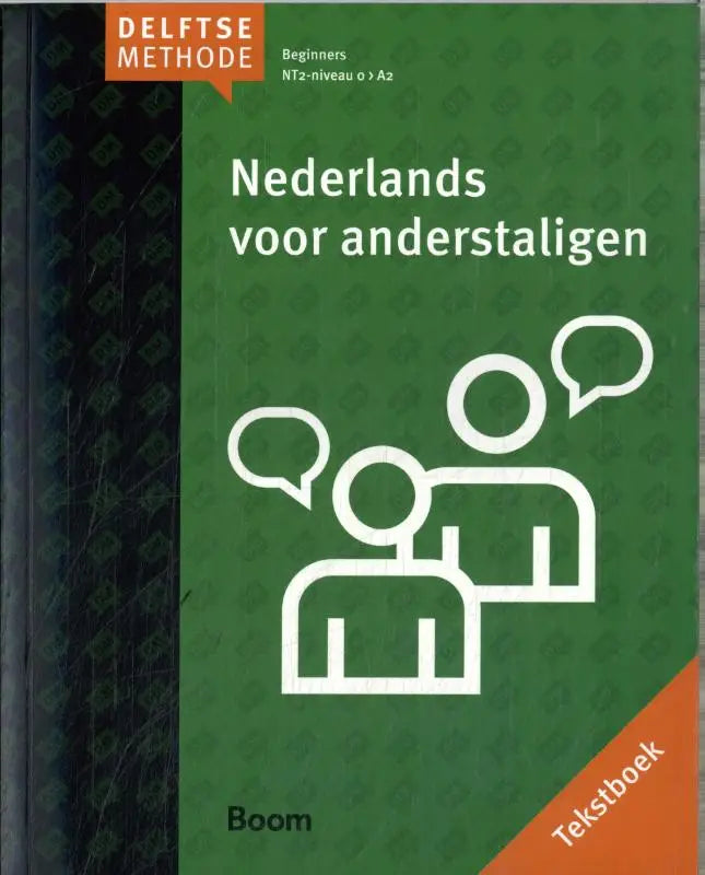Groen dutstalig beginnersboek delftse methode met witte illustraties en tekstballonnen op de omslag