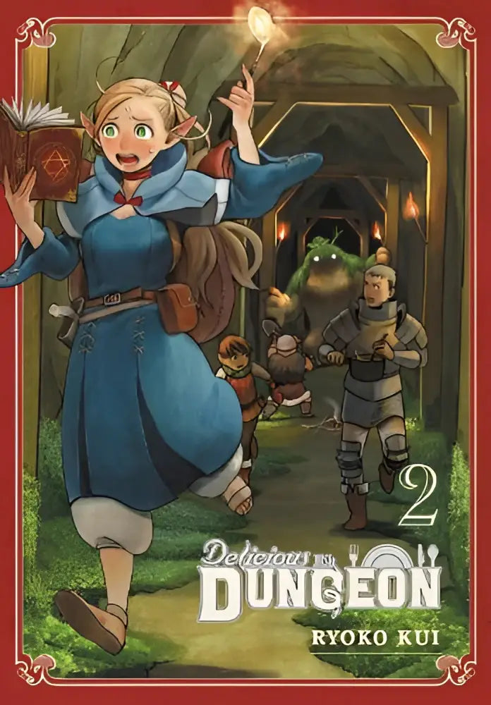 De cover van de manga delicious in dungeon volume 2 door ryoko kui met een elf meisje in een blauwe jurk die een boek vasthoudt