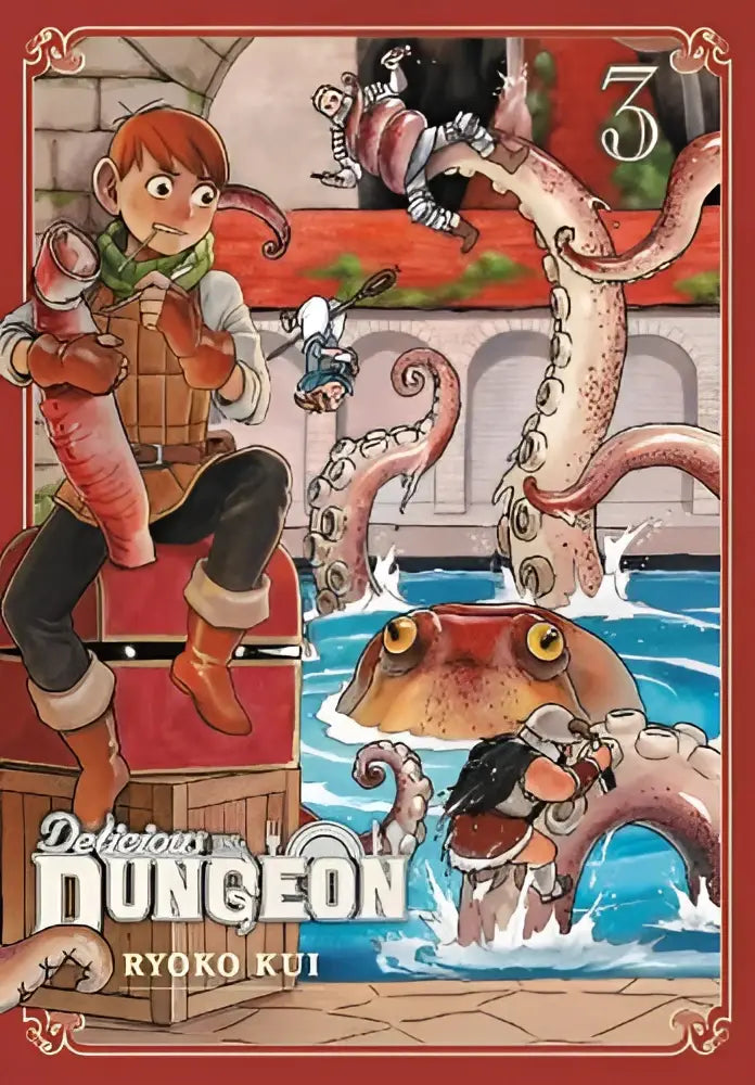 De cover van delicious in dungeon volume 3 door ryoko kui toont een kleurrijke cartoonillustratie met dynamische actie