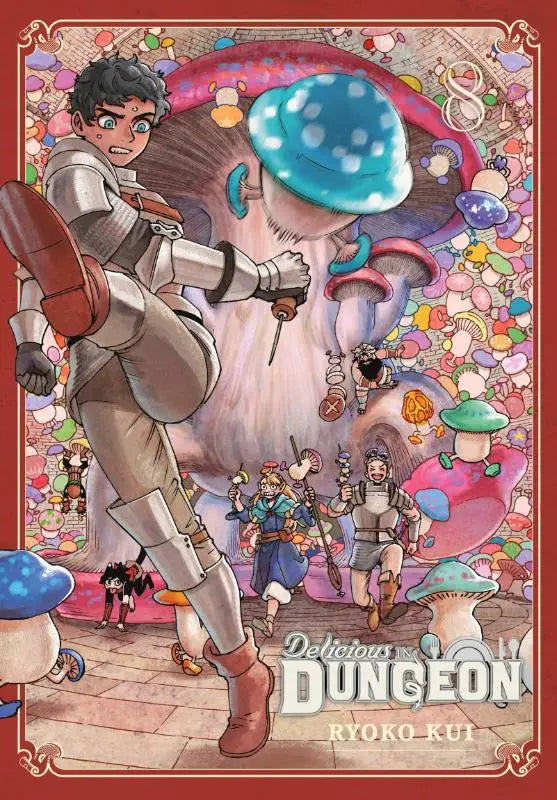 Cover van het manga delicious in dungeon vol 8 door ryoko kui met avonturiers in een paddenstoelenrijke kerker