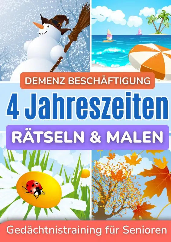 Kleurige demenz beschäftigung aktivitätsbuchcover met vier seizoenen voor rätseln und malen für senioren