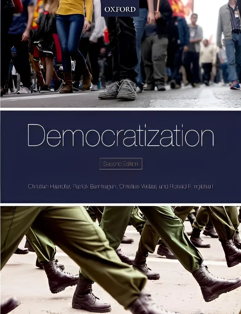 The most comprehensive volume democratization by oxford university press with a dark navy cover and feet in motion