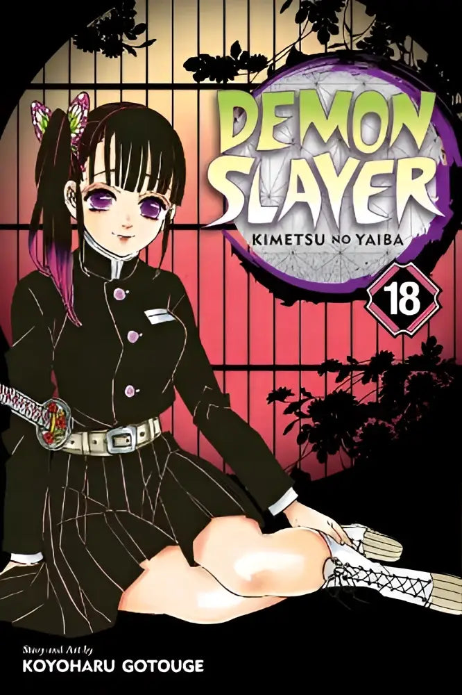 Manga cover van demon slayer kimetsu no yaiba volume 18 met zwartwit illustratie en paarse ogen van personage