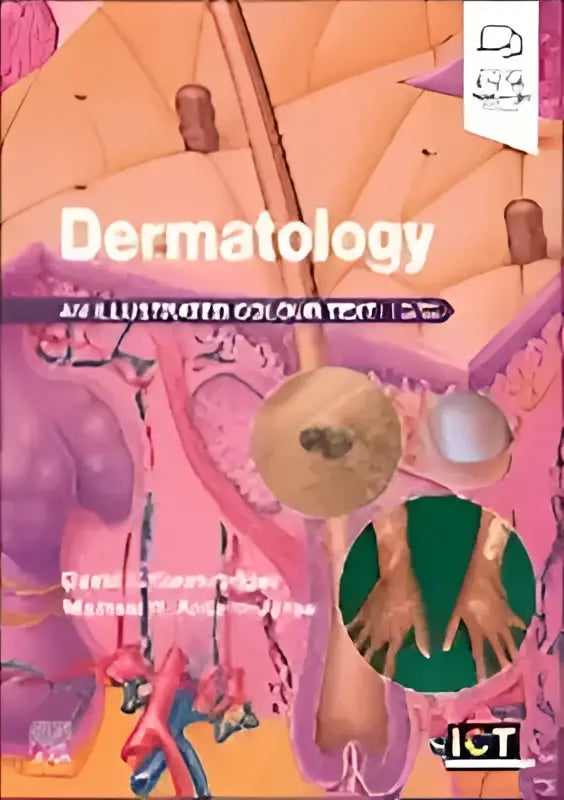 De voorkant van het dermatology an illustrated colour text leerboek met kleurrijke illustraties in paarse, roze, oranje en groene tinten