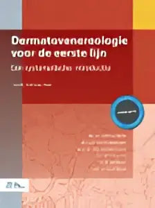 De boekcover van dermatovenereologie voor de eerste lijn toont een oranje achtergrond met zwarte en witte tekst bsl media specialistische geneeskunde algemene praktijk