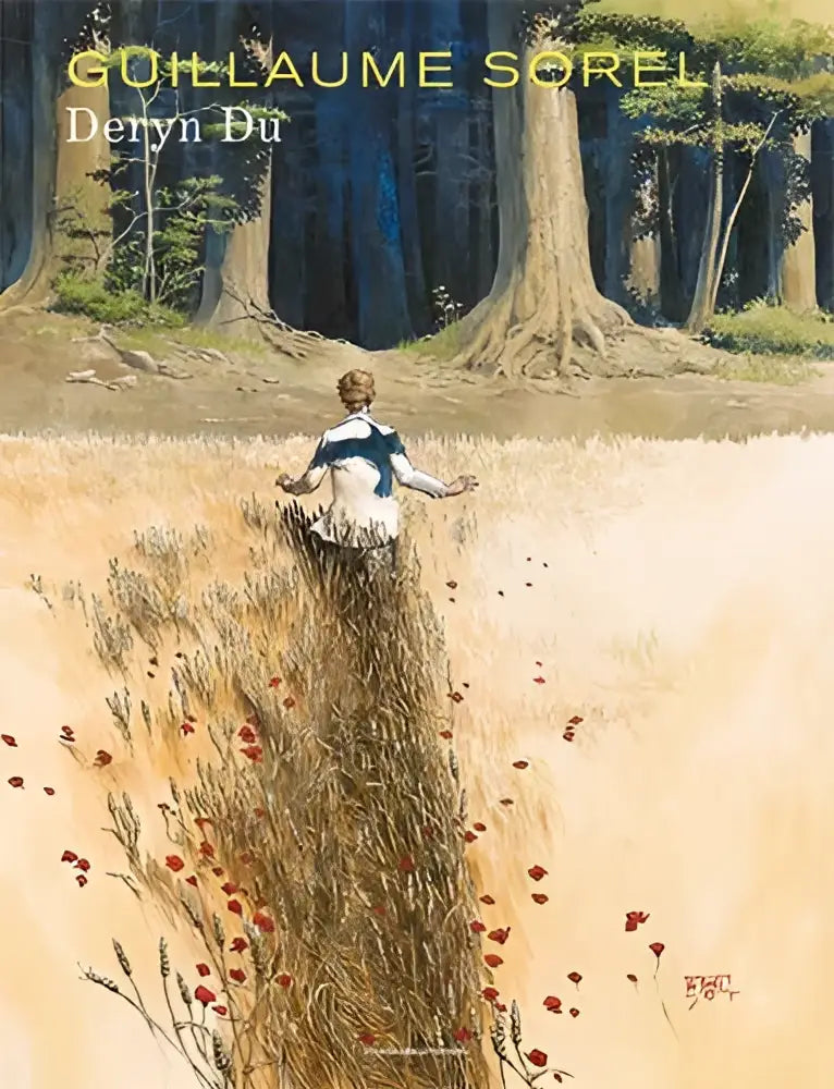 Een zachte aquarelillustratie van deryn du met een figuur in witblauw outfit bij gouden gras en rode klaprozen