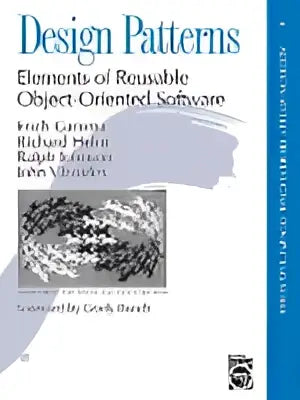De boekomslag van design patterns elements of reusable object-oriented software met lichtblauwe achtergrond en moderne letters