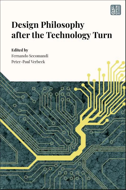 Boekomslag van design philosophy after the technology turn met zwarte tekst en gele print op donker turquoise achtergrond