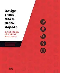 Rood geometrisch patroon notitieboek met zwarte tekst en cirkelvormige iconen design think make break repeat revised edition baki kocaballi cara wrigley