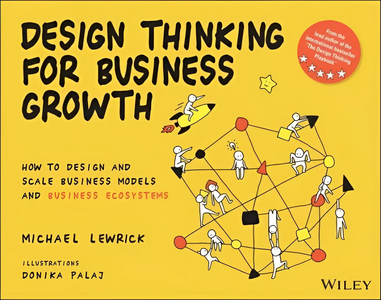 Gele boekomslag met zwarte tekst en kleurrijke illustraties over design thinking voor business growth
