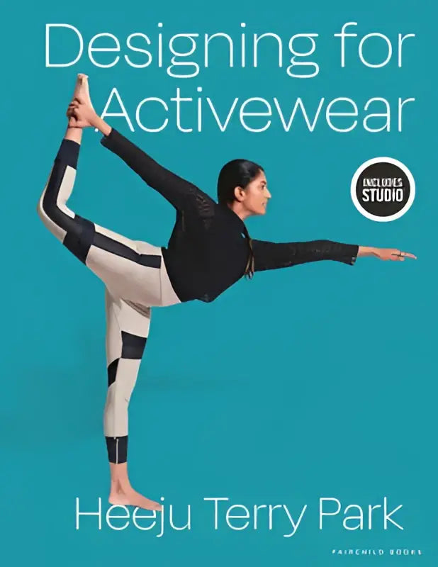A woman in a black and white patterned activewear set poses on the cover of designing for activewear by Heeju Terry Park