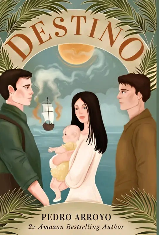 De boekcover van destino van pedro arroyo toont een geïllustreerde scène met drie figuren onder een palmboog bij maanlicht