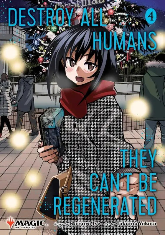 De cover van destroy all humans manga volume 4 toont een zwartharige anime meisje met houndstooth jas en rode sjaal voor the gathering
