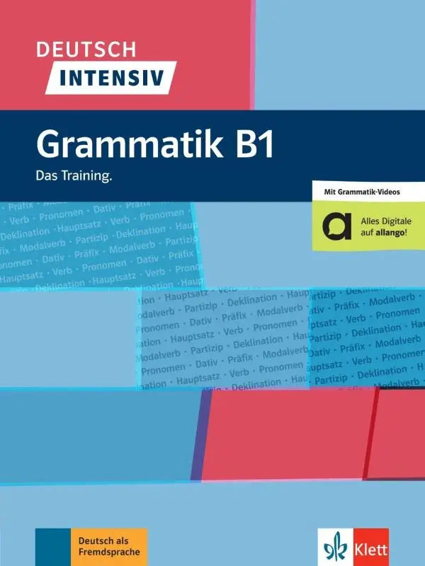 Deutsch intensiv grammatik b1 boek met roodblauw geometrisch ontwerp en duitse grammatica termen in lichtblauw