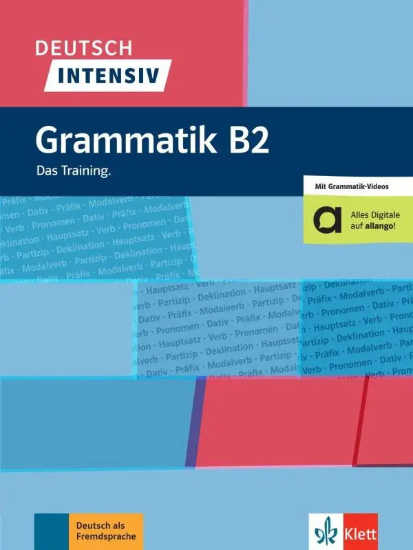 Blauw en rood geometrisch ontwerp boekomslag voor deutsch intensiv grammatik b2 van klett geschikt voor intensief leren