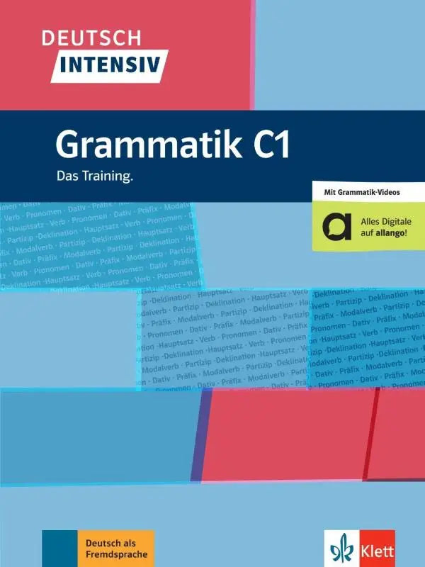 Blauwe en rode geometrische omslag van het deutsch intensiv grammatik c1 taalboek door klett voor duitse grammatica studie