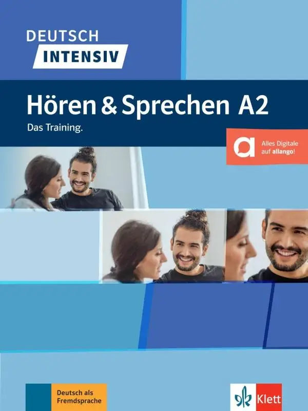 Blauwe en witte kaft van deutsch intensiv horen und sprechen a2 taalleerboek van klett voor beginners