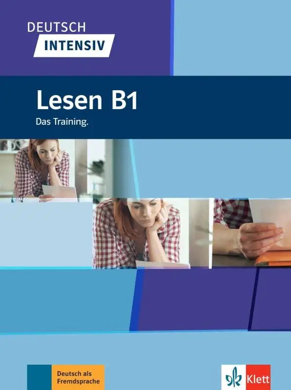 Blauw en paars omslag van de duitse taalleerwerkboek deutsch intensiv lesen b1 van klett, intensief lezen gericht