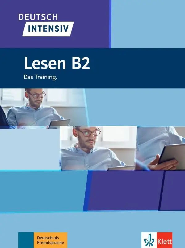 Blauw en paars omslag van het deutsch intensiv lesen b2 leerboek van klett voor intensief duits lezen