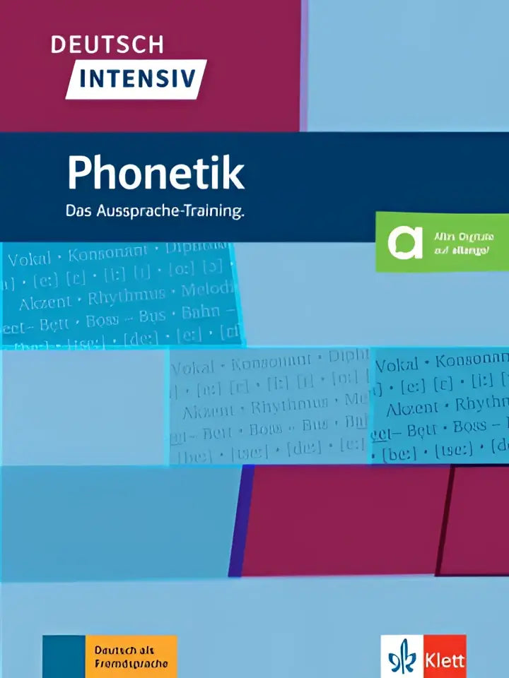 Blauw en bordeauxrood omslag van een deutsch intensiv phonetik oefenboek voor uitspraaktraining van klett