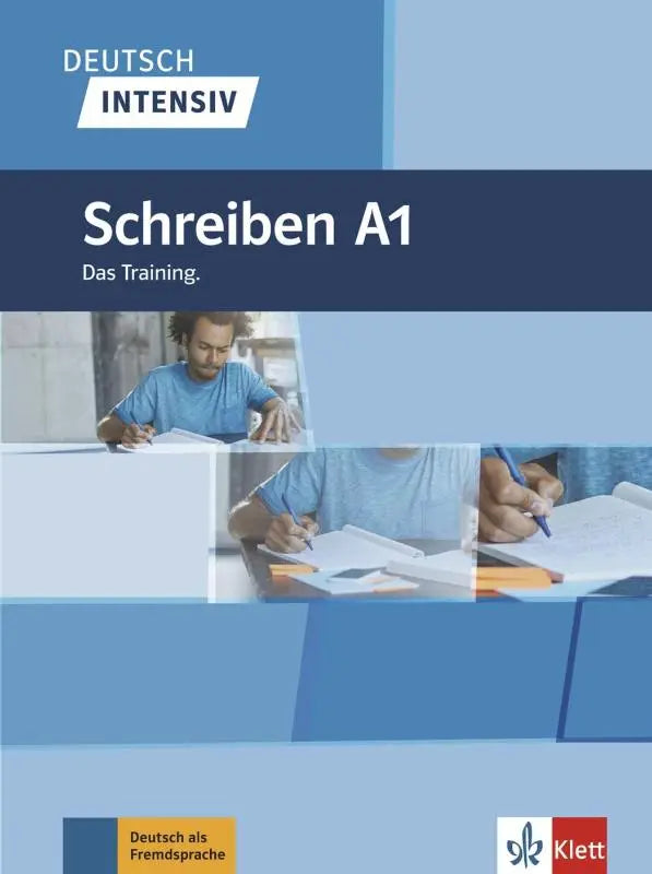 Blauw-witte kaft van de deutsch intensiv schreiben a1 werkboek voor duitse schrijfvaardigheid door klett