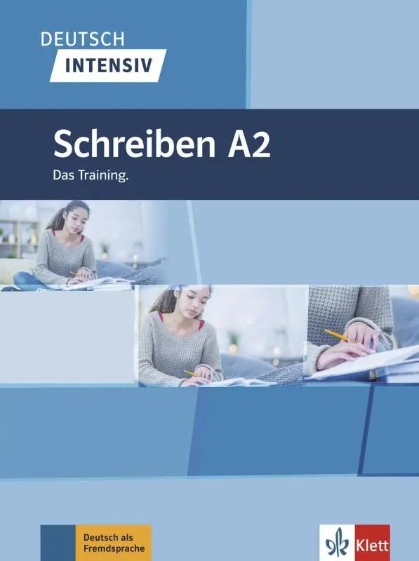 Blauw-witte cover van de schreiben a2 werkboek voor deutsch intensiv schreiben van klett voor intensief leren
