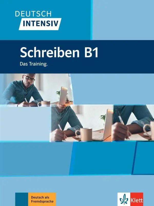 Blauw-witte omslag van de german language workbook schreiben b1 door klett voor deutsch intensiv schreiben b1