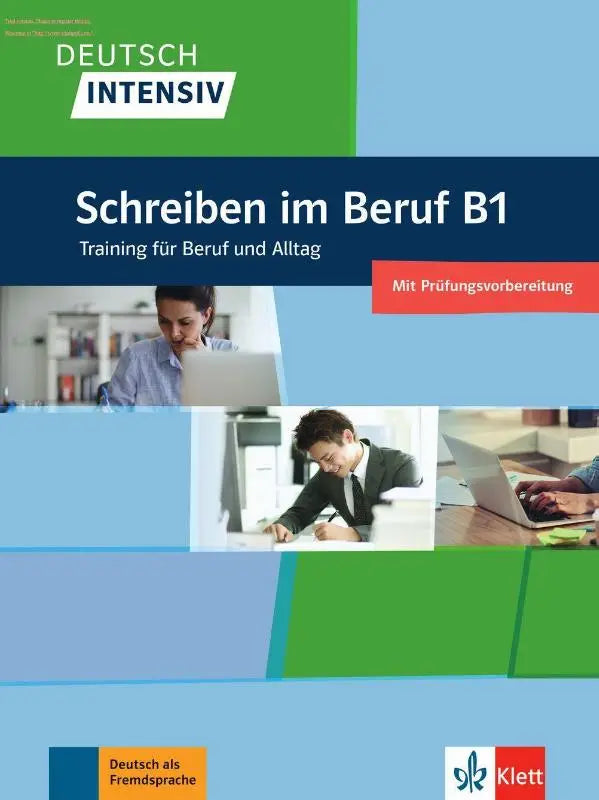 Blaugroene cover van het klett lerenboek schrijven im beruf b1 voor deutsch intensiv schrijven in beroep b1