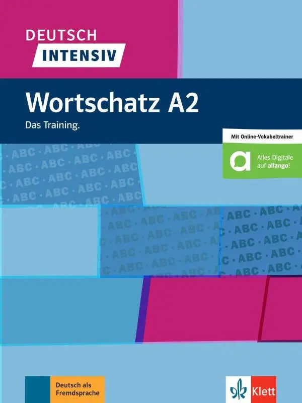 Deutsch intensiv wortschatz a2 boek van klett met modern geometrisch ontwerp in fel magenta en blauw voor duitse les