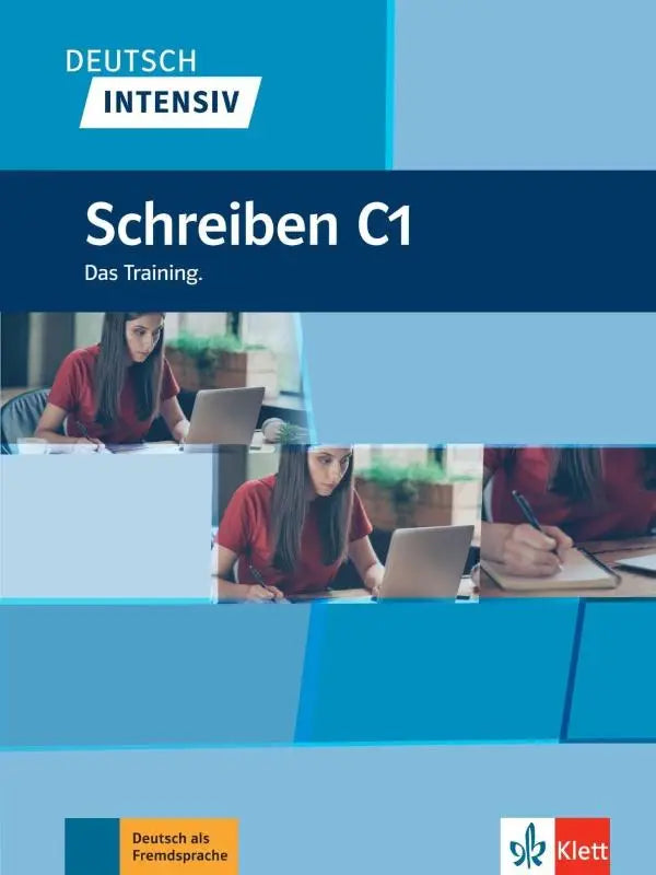 Blauwe en witte kaft van het schrijven c1 duitse lesboek van klett in de productserie deutsch intensiv wortschatz b1