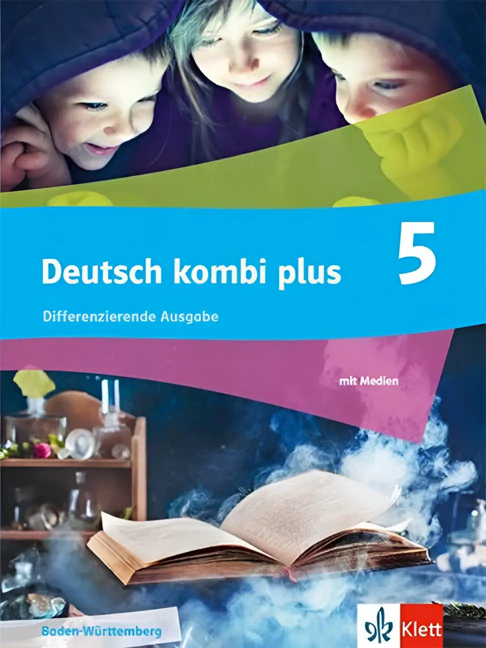 Cover van deutsch kombi plus 5 schulbuch klasse 5 differenzierende ausgabe met drie kinderen en rook uit boek