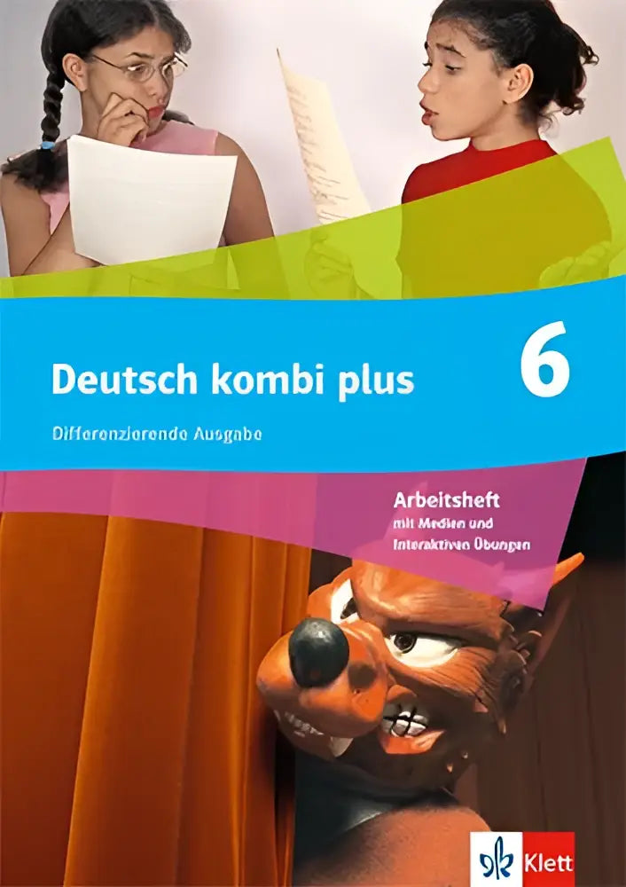 Deutsch kombi plus 6 arbeitsheft mit medien met een oranje cartoonwolf op een kleurrijke achtergrond