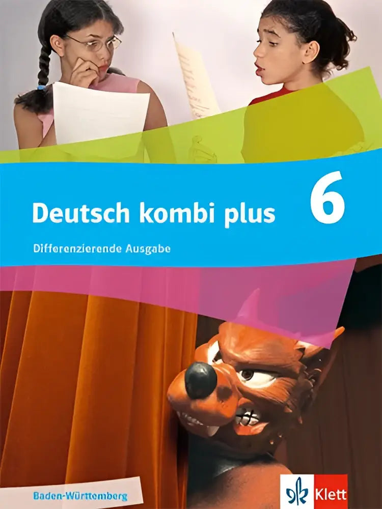 Cover van deutsch kombi plus 6 schulbuch met media klasse 6 met twee meisjes en oranje cartoonvos