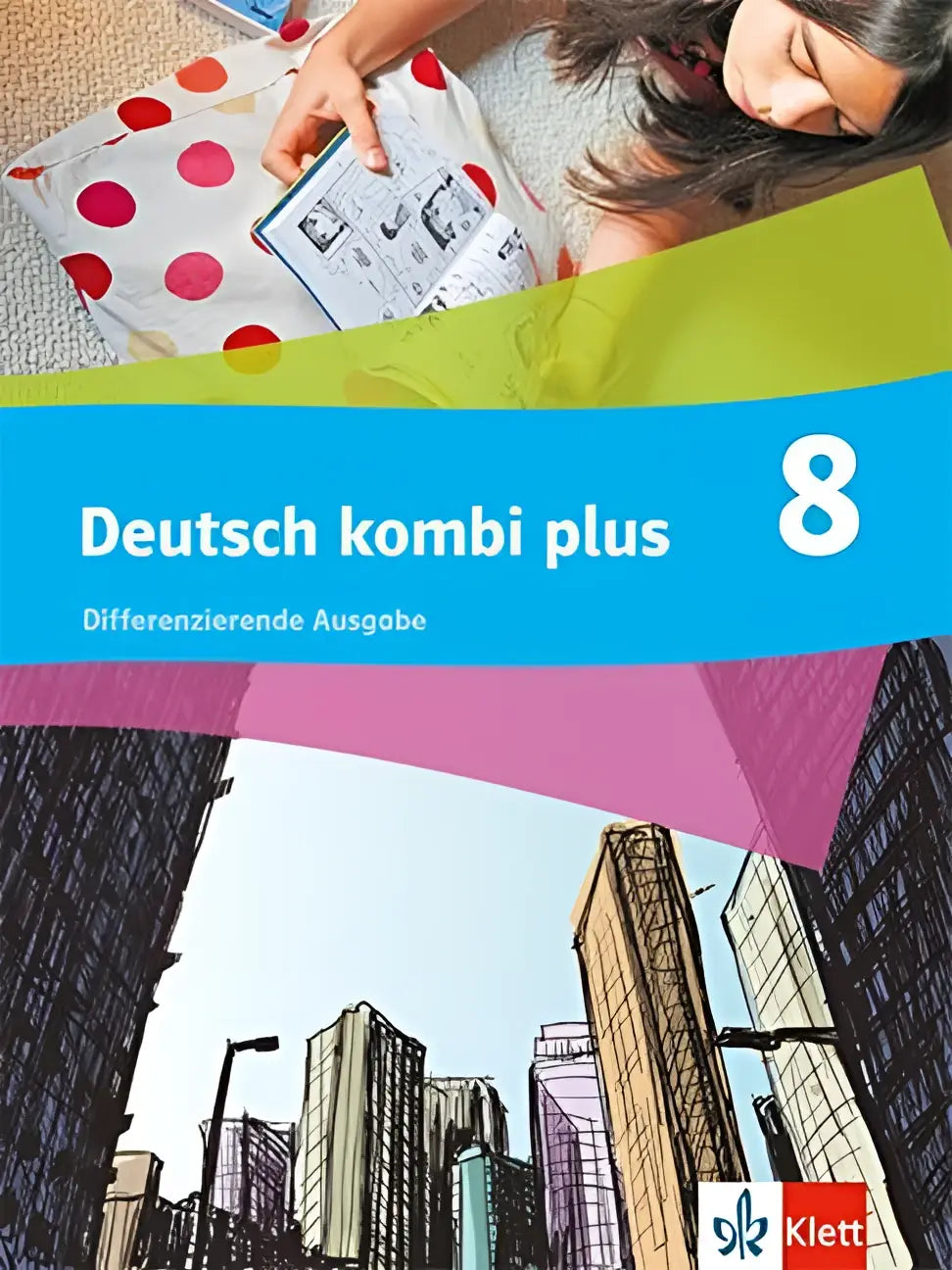 Deutsch kombi plus 8 schulbuch mit medien met kleurrijke geïllustreerde stadsgezicht en klett logo rechtsonder