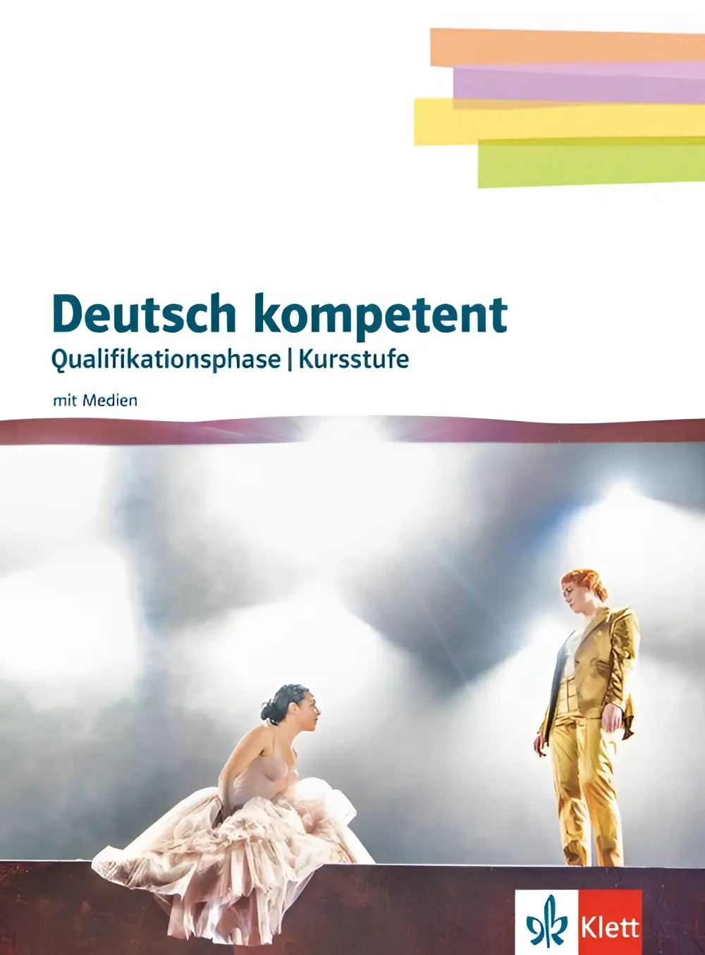 Cover van het deutsch kompetent 12 13 schulbuch mit medien toont een vrouw in beige jurk en man in gouden pak op podium