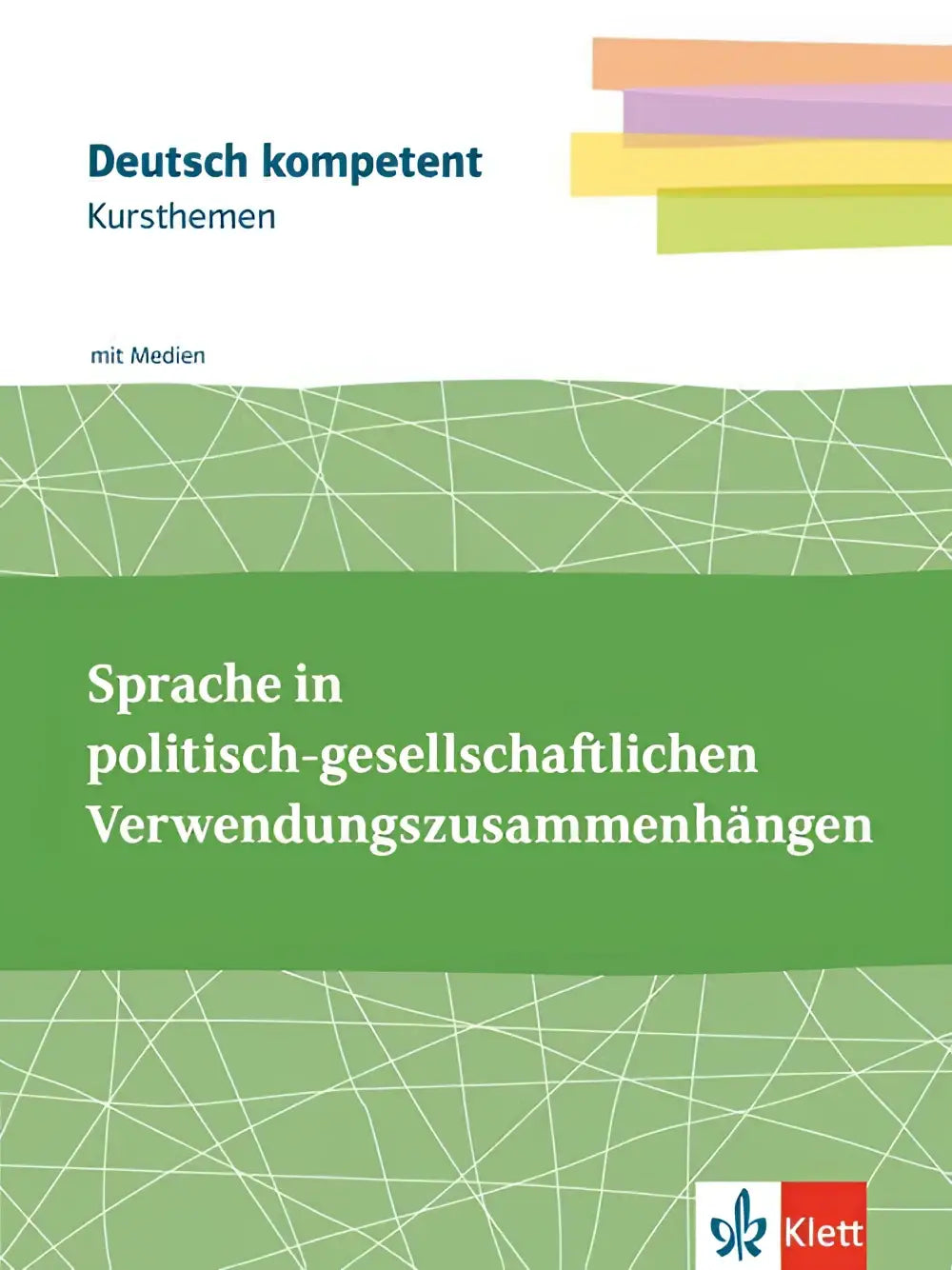 Groen leerboek met witte tekst en geometrisch patroon voor kursthemen kommunikation themenheft klassen 11-13 van klett