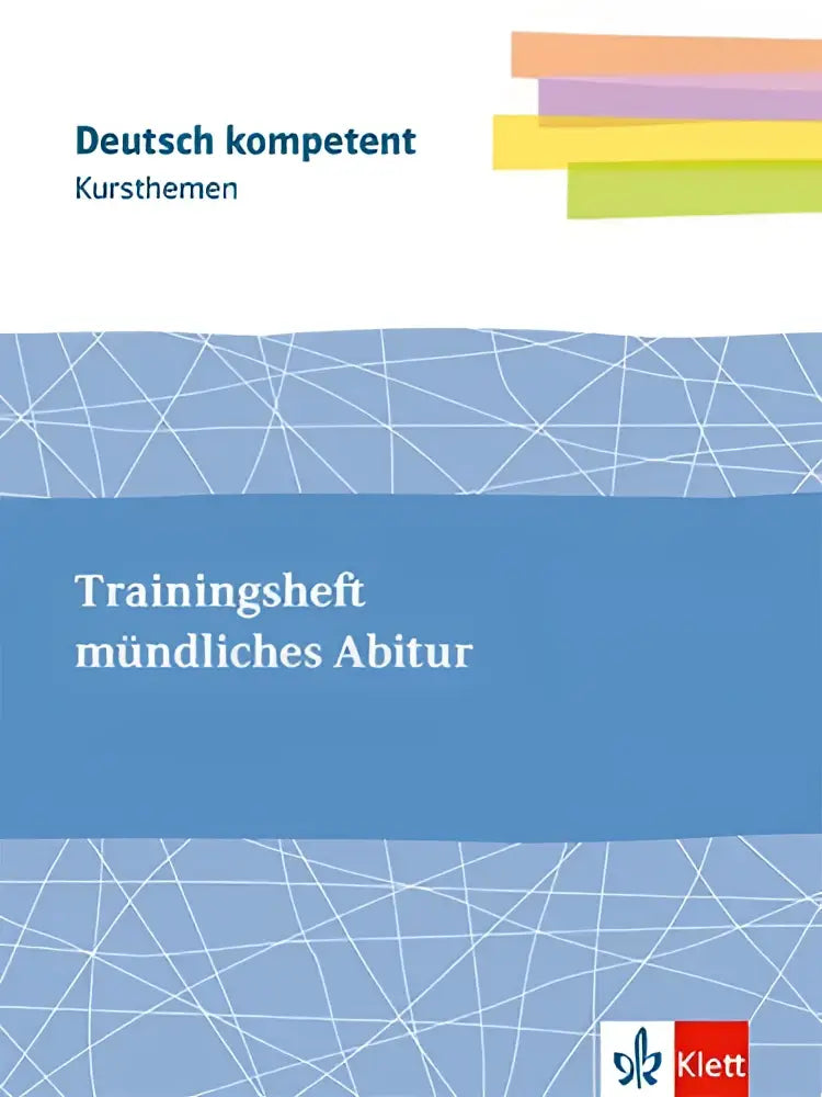 Blauw trainingswerkboek met geometrische patronen en meerkleurige strepen voor themenheft klassen 11-13 examen duits mondeling