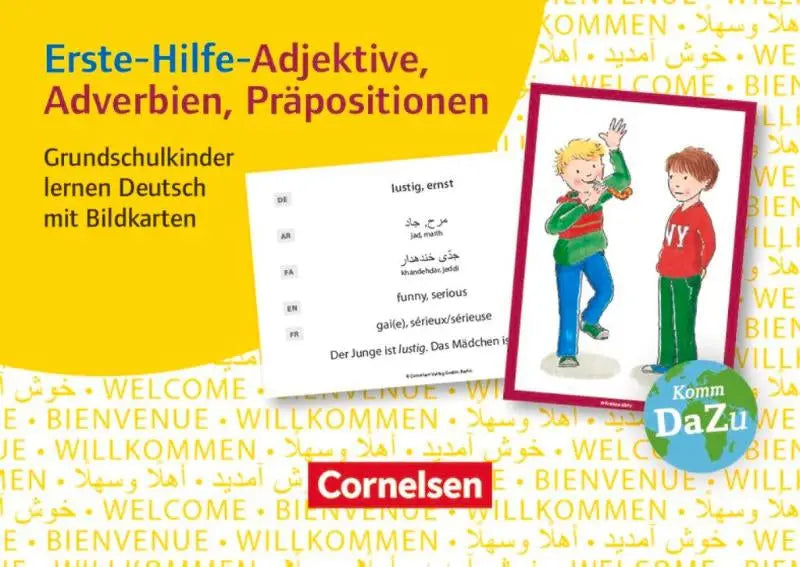 Educatieve cornelsen poster met twee kinderen in kleurige kleding toont duitse bijvoeglijke naamwoorden voor deutsch lernen met fotokarten