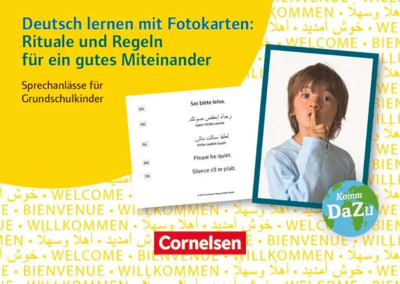 Cornelsen deutsch lernen mit fotokarten set met meertalige zinnen zoals please be quiet in engels, arabisch en frans