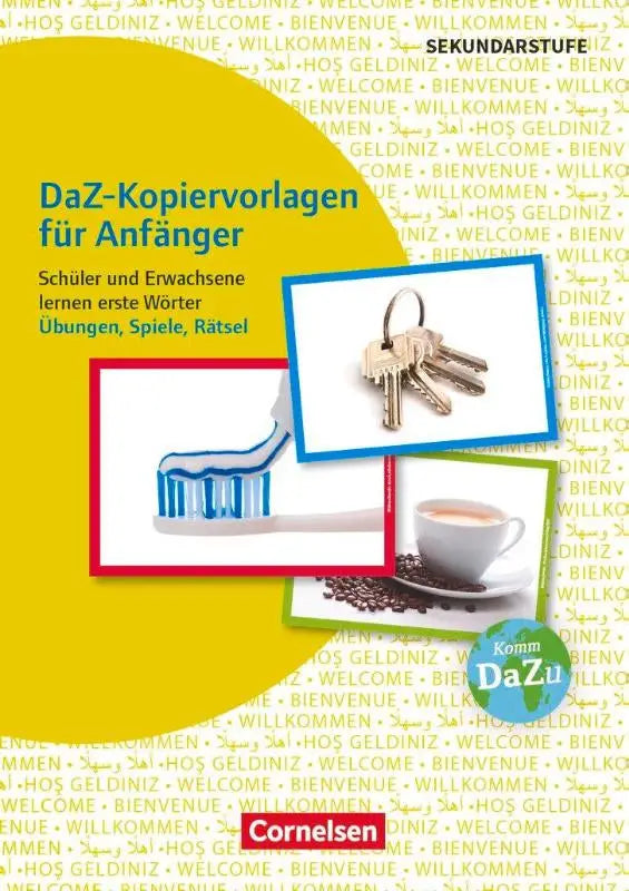 Gele boekomslag van daz-kopiervorlagen voor beginners door cornelsen met sleutels tandenborstel en koffiebonen voor deutsch lernen met fotokarten
